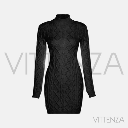 Front view of the Abrazo long-sleeve high-neck knit dress in classic black