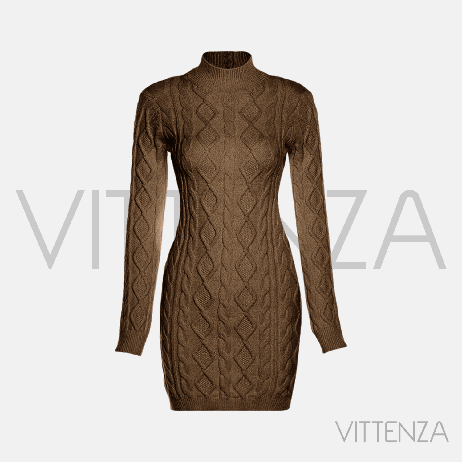 Front view of the Abrazo long-sleeve high-neck knit dress in chestnut brown