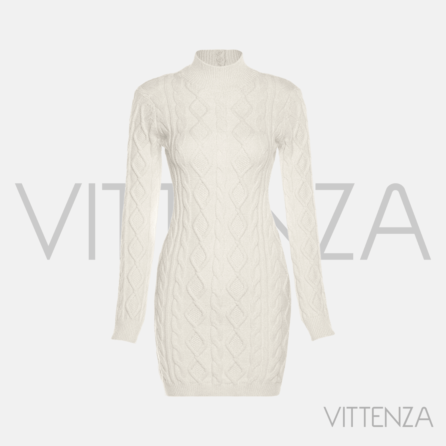 Front view of the Abrazo long-sleeve high-neck knit dress in nude white