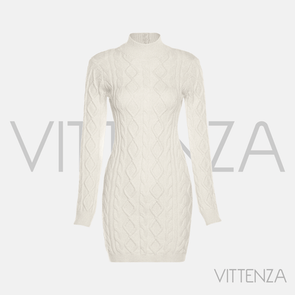 Front view of the Abrazo long-sleeve high-neck knit dress in nude white