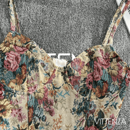 Close-up of the fabric, highlighting the intricate floral pattern.