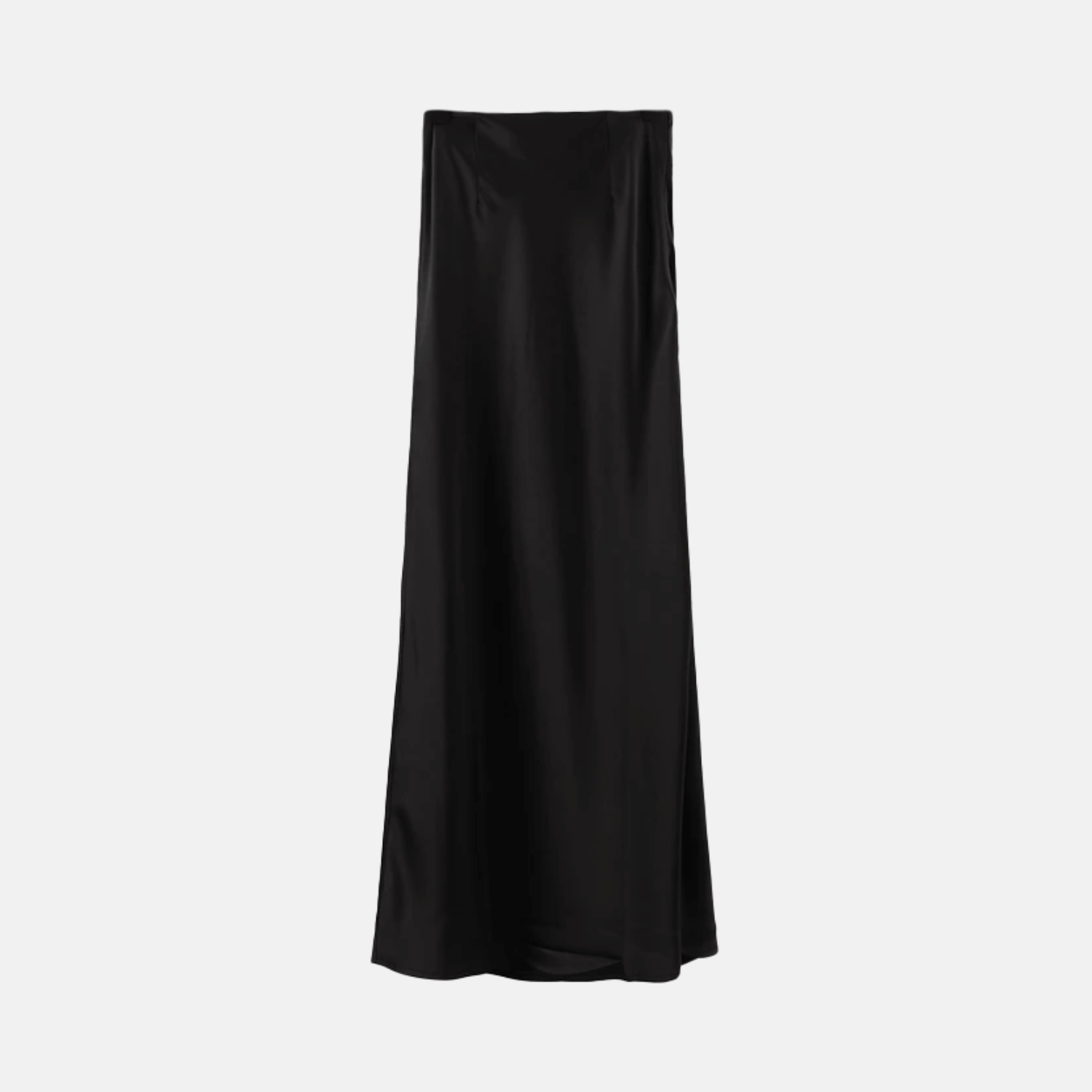 Flat lay of the Basic Long Skirt in black satin fabric.