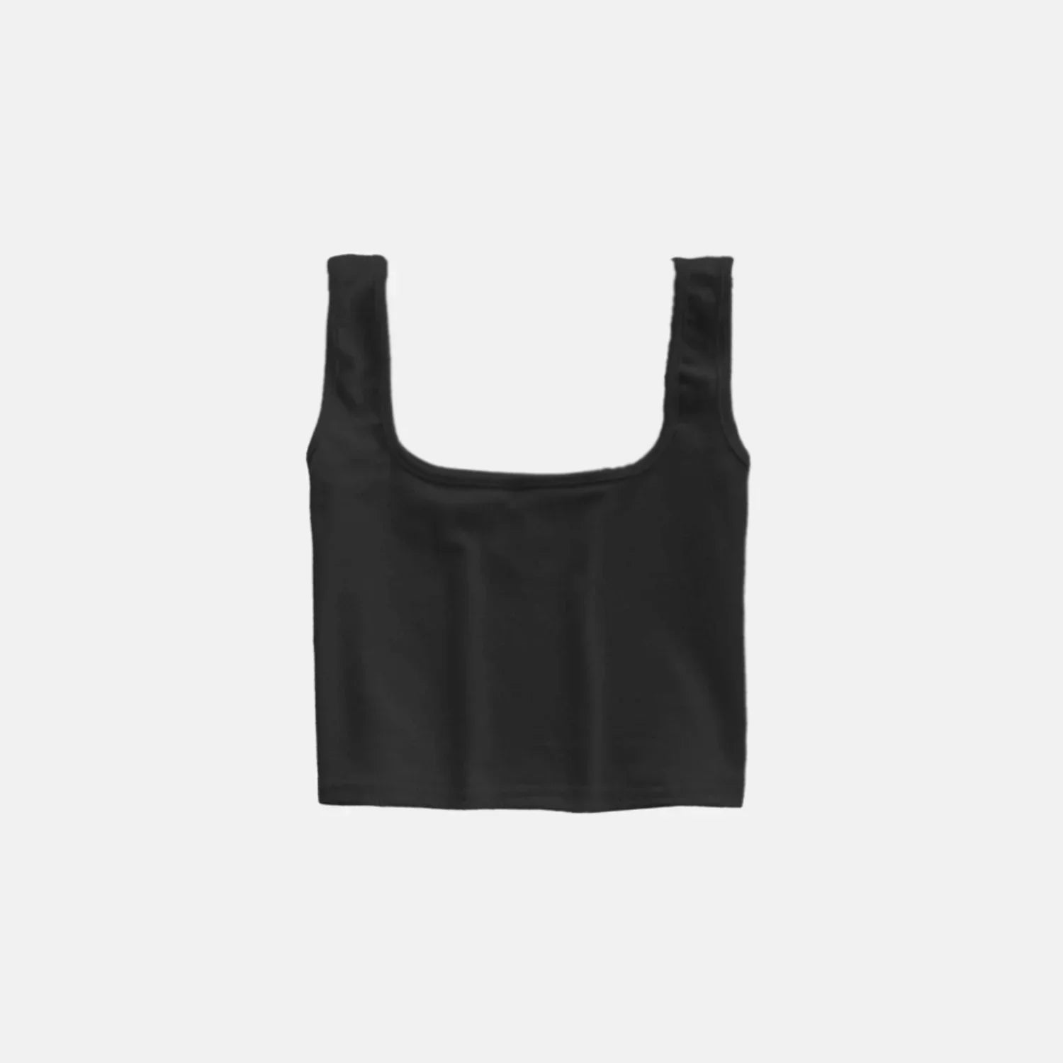 Black crop top with a straight neckline and comfortable straps.