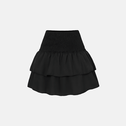 Black high-waisted ruffle skirt front view.