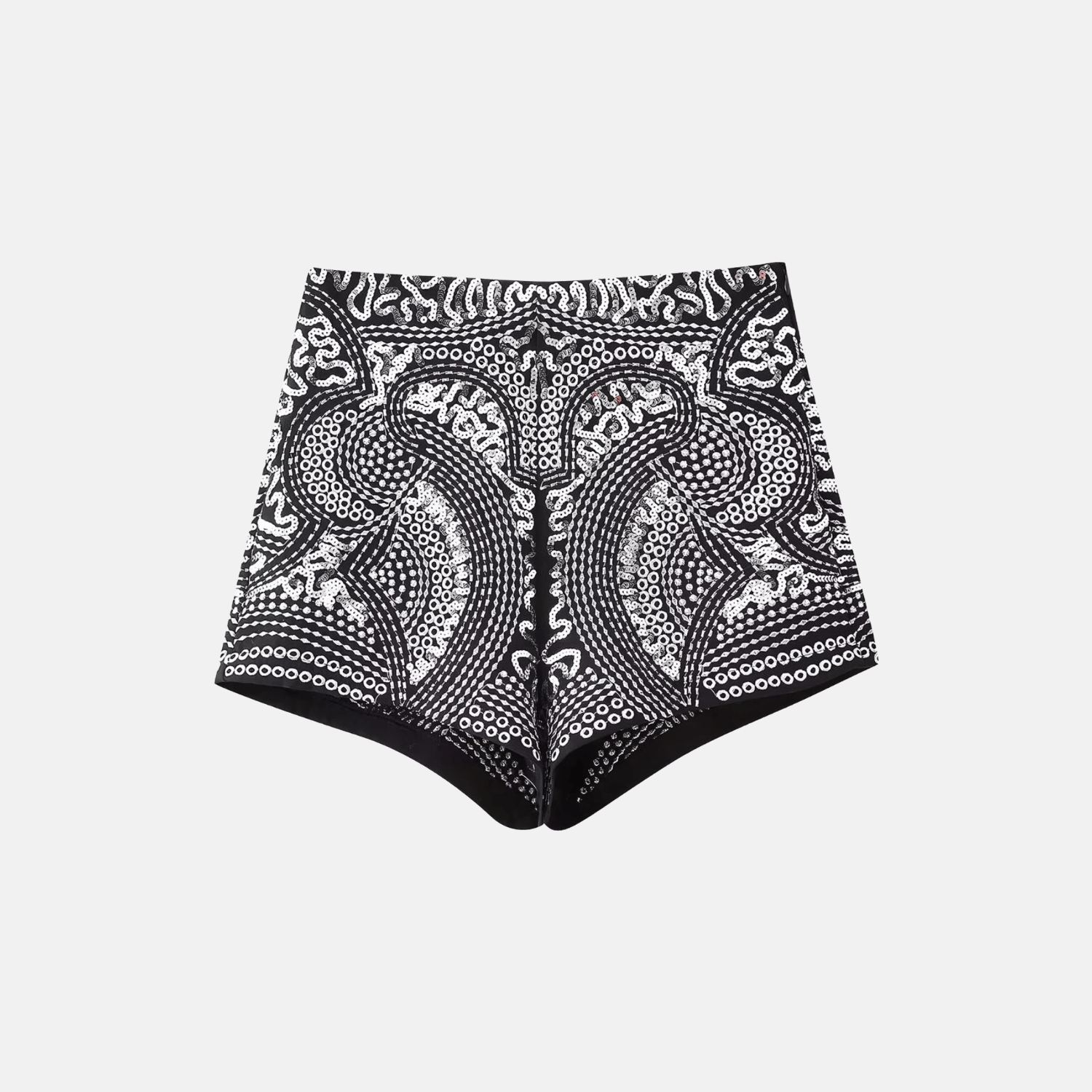 Front view of black tribal sequin shorts with intricate detailing.