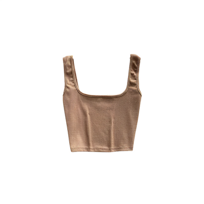 Brown crop top with a soft ribbed texture and square neckline.