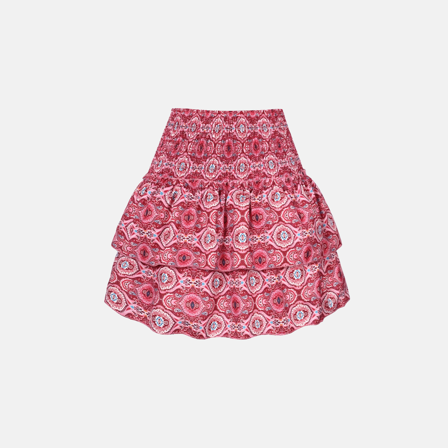 Burgundy patterned high-waisted ruffle skirt front view.