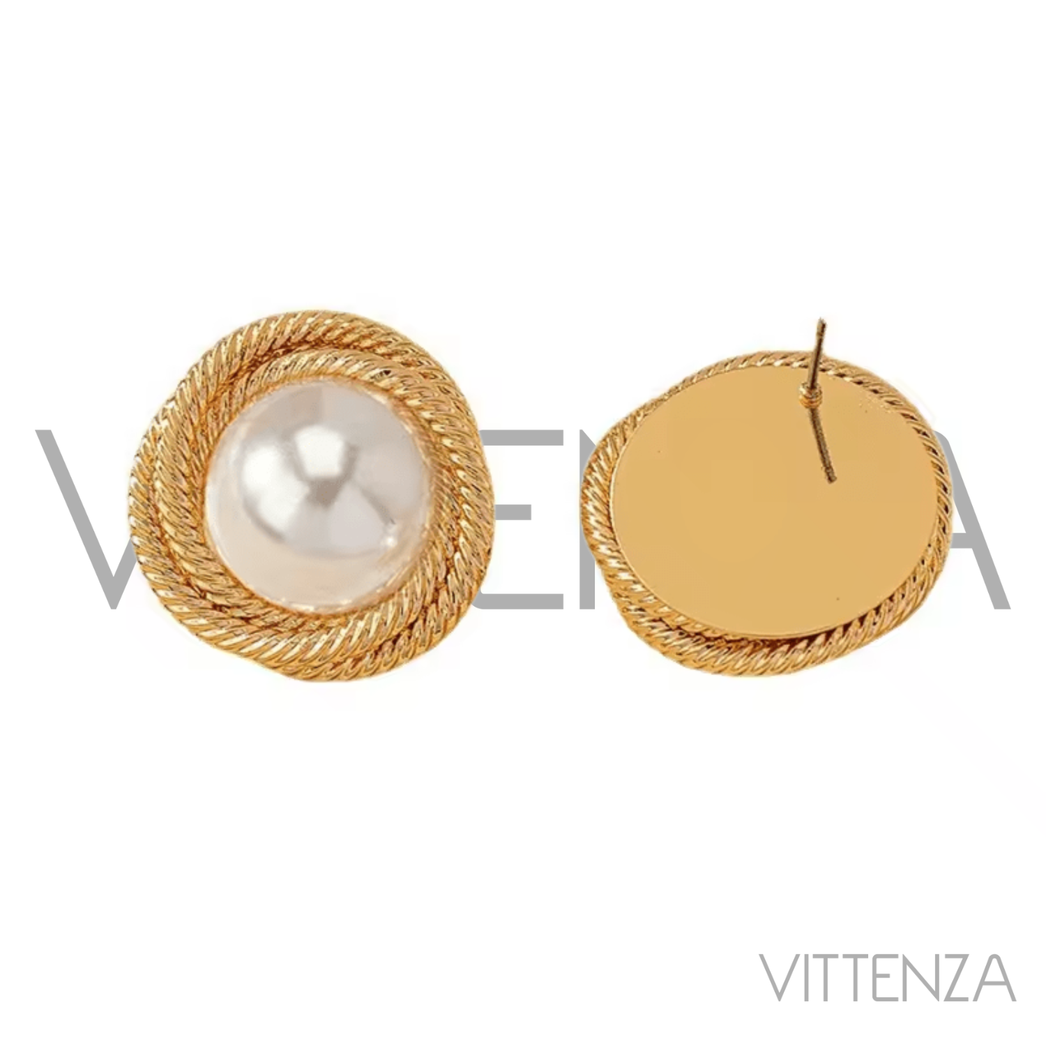 Davina Earrings in gold featuring a pearl centerpiece with a textured circular frame, shown from both front and back views.