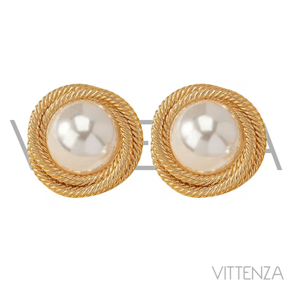 Davina Earrings in gold featuring a pearl centerpiece with a textured circular frame, shown in a front-facing view.