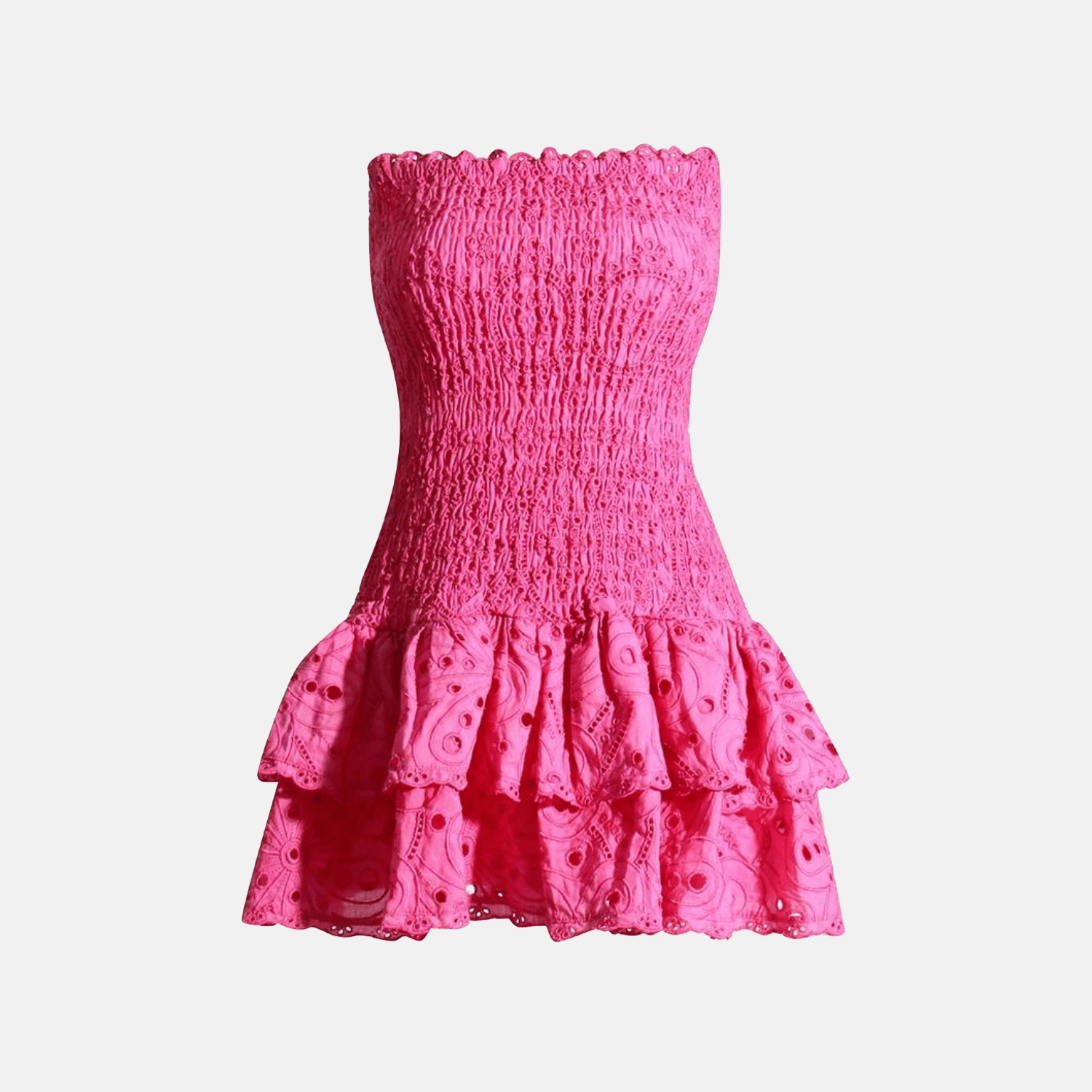 Front view of the Gummy Dress showcasing its strapless design and ruffled hem.