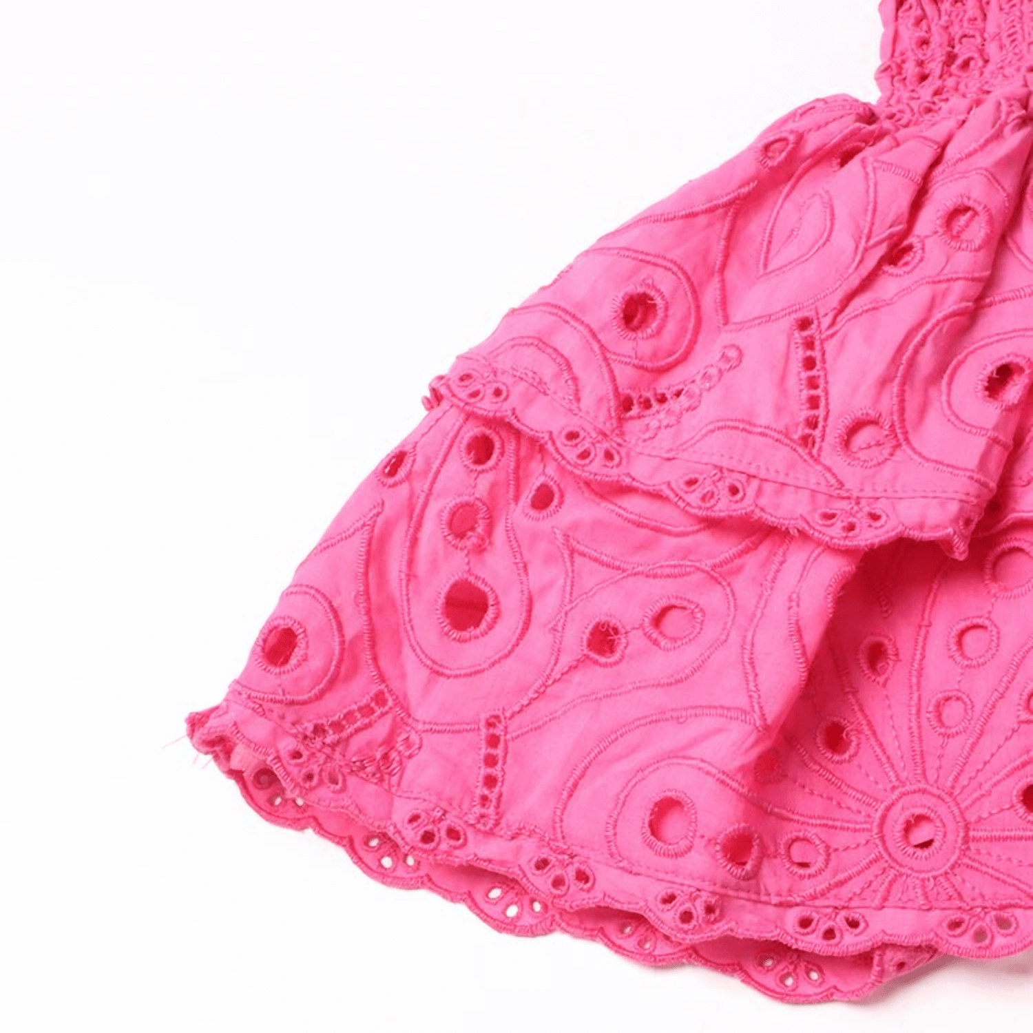 Close-up of the Gummy Dress fabric, showcasing intricate embroidery details and the tiered ruffled hem in vibrant pink.