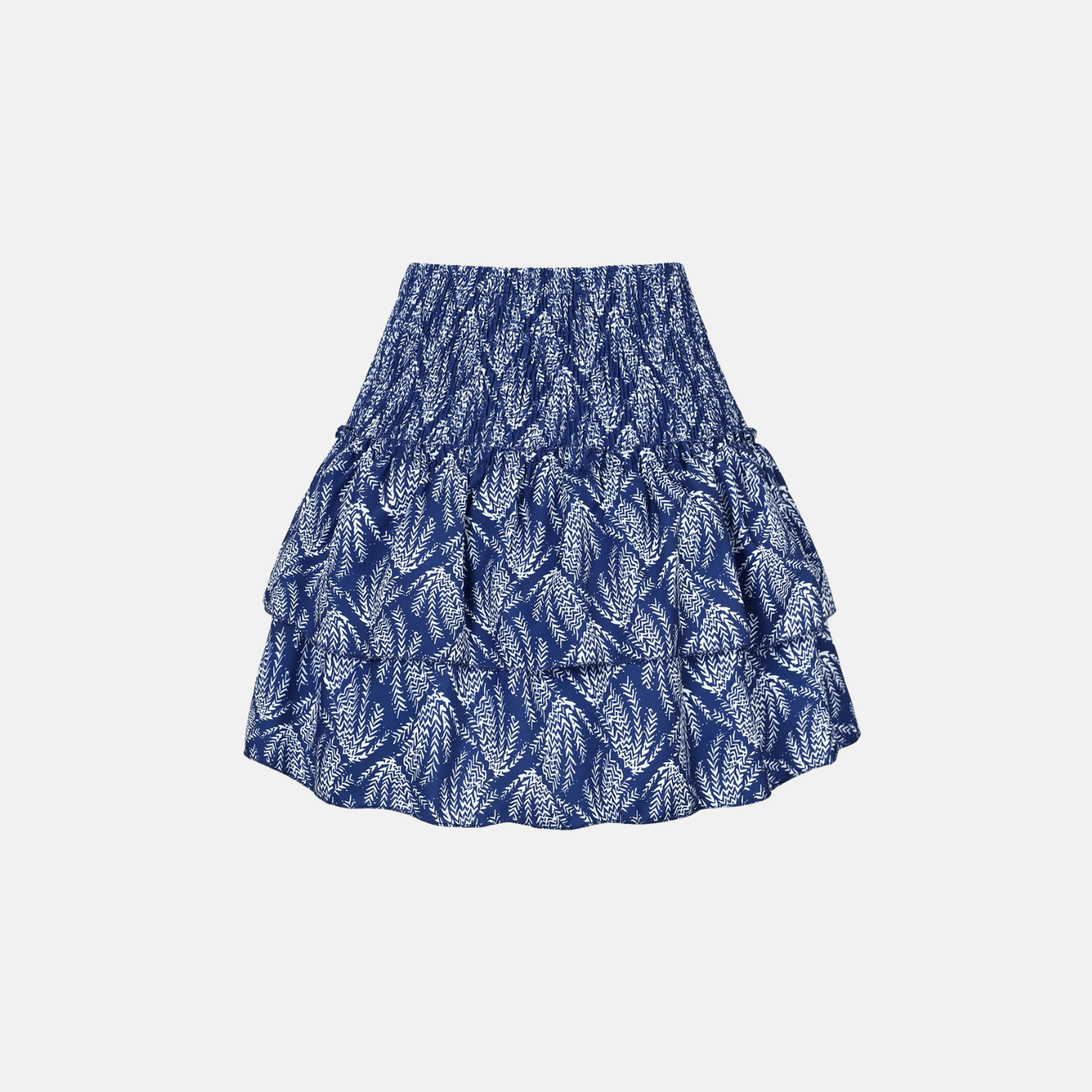 Navy blue patterned high-waisted ruffle skirt front view.