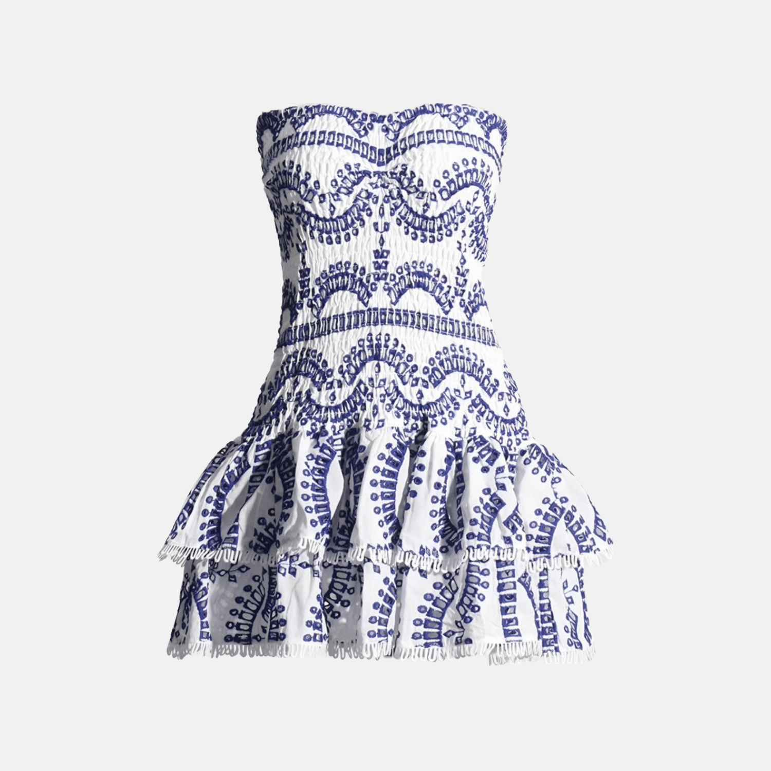 Front view of the Noronha strapless summer dress with blue and white printed design.