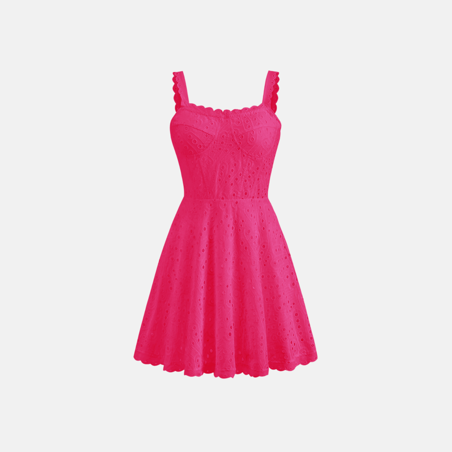 Front view of the pink Bali Dress, showcasing its vibrant color and intricate embroidery details on the bodice and straps.