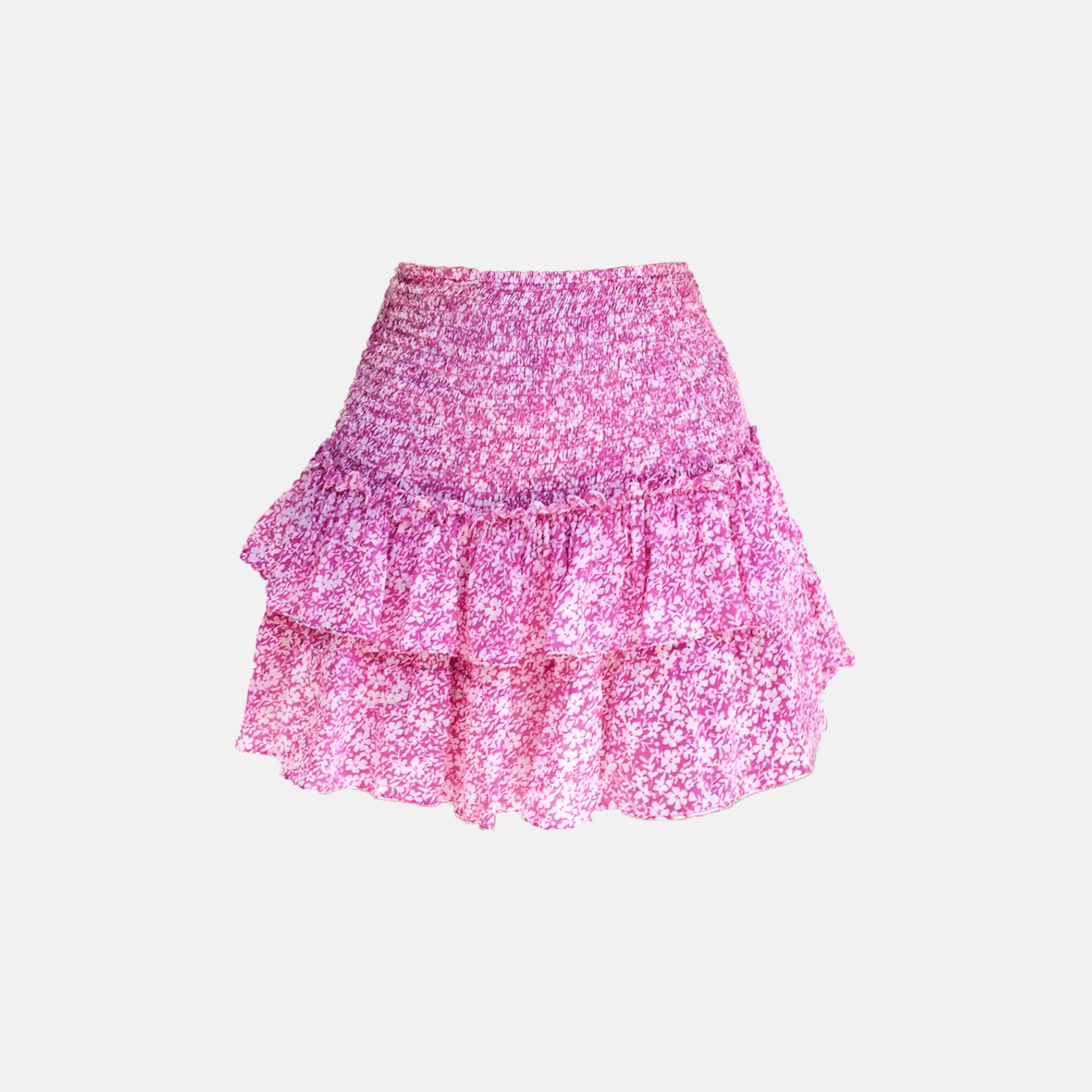 Pink floral high-waisted ruffle skirt front view.