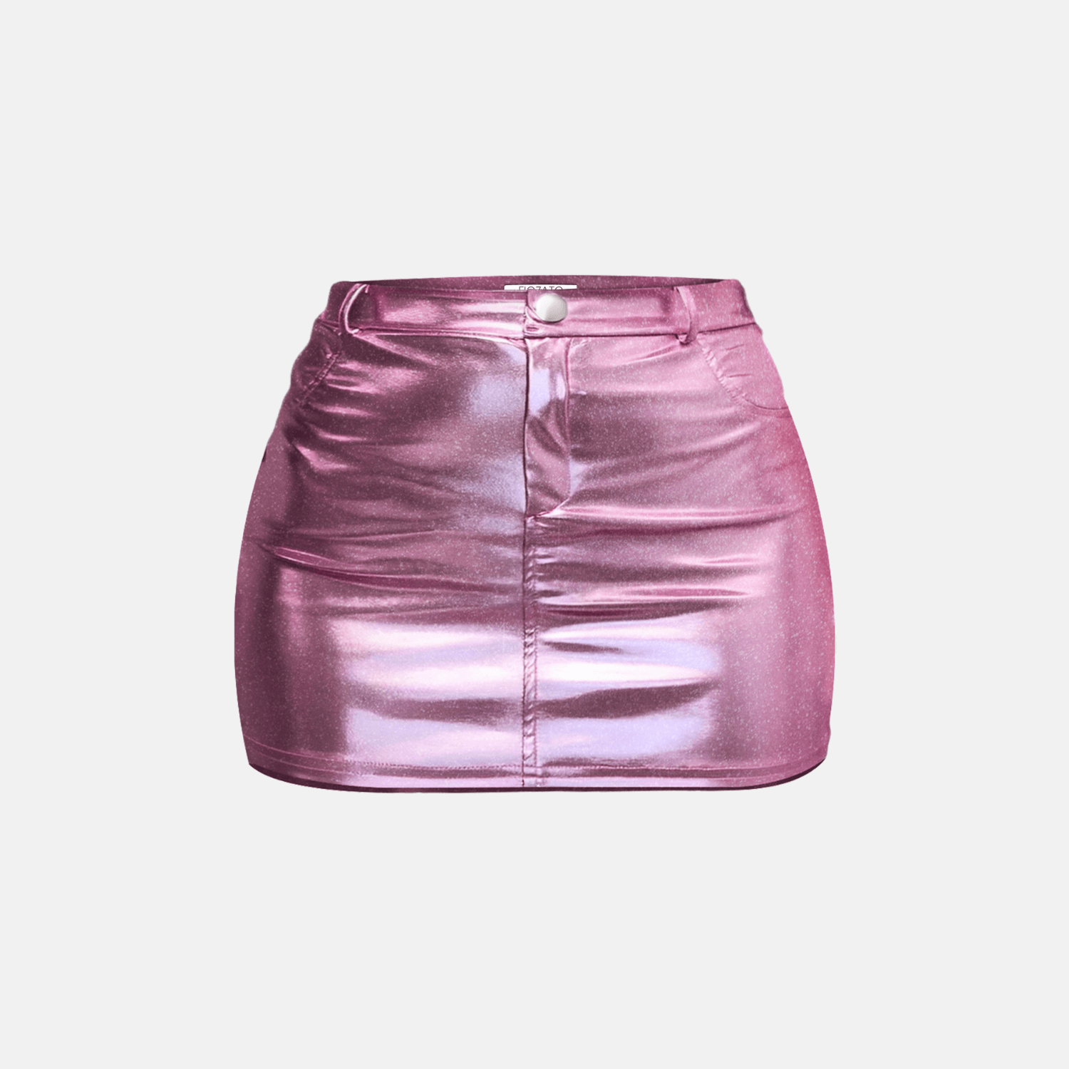 Front view of pink metallic high-waisted skirt.