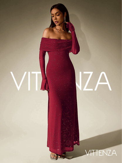 ide view of the Stellar Sparkle Maxi Dress in shimmering red, showcasing its elegant off-shoulder design, glittering fabric, and long sleeves. The model pairs the dress with metallic heels and statement earrings for a sophisticated look.