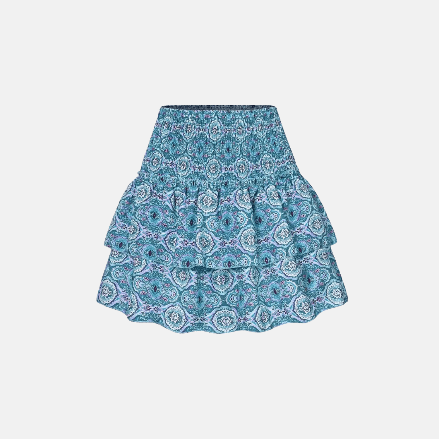 Teal patterned high-waisted ruffle skirt front view.