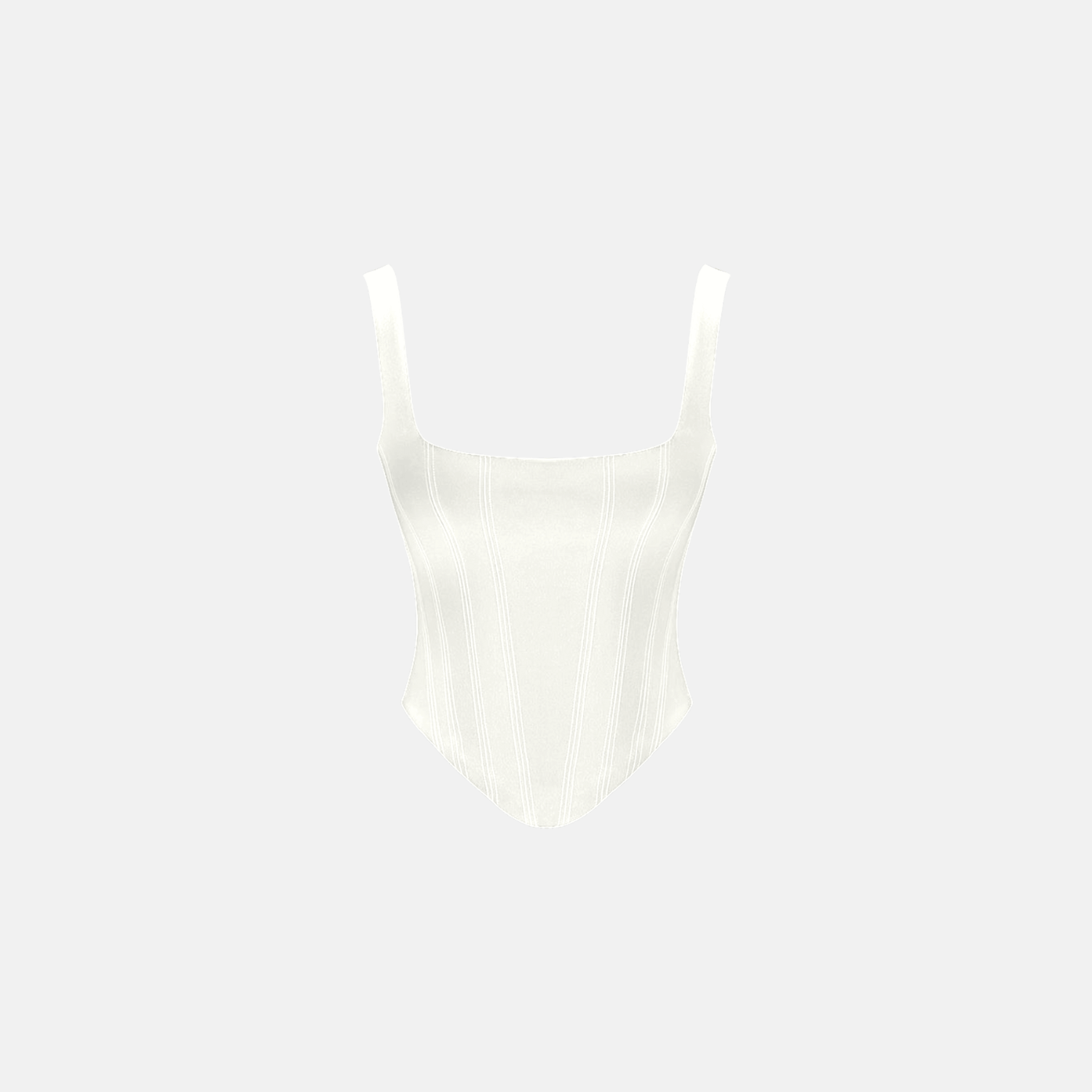  A flat-lay of the white corset, showcasing its structured design and clean stitching on a plain background.