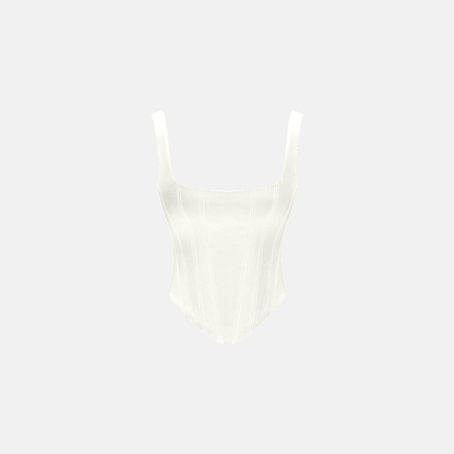  A flat-lay of the white corset, showcasing its structured design and clean stitching on a plain background.