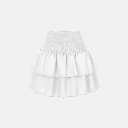 White high-waisted ruffle skirt front view.